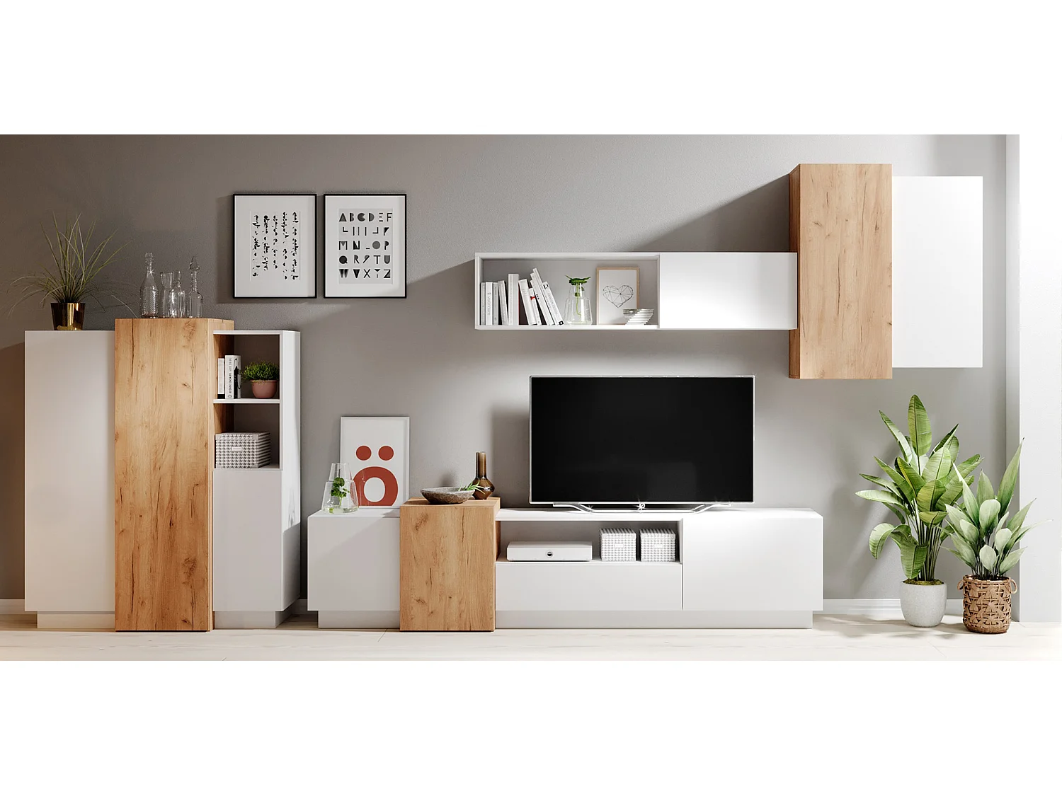 WOHNWAND 3D weiß / Gold Craft Eiche 5-teilig