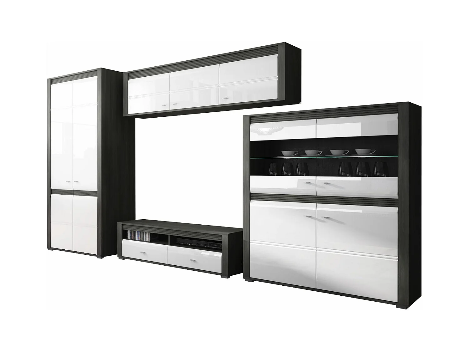 WOHNZIMMER-SET Sevilla norwegische Schwarzkiefer / weiß Hochglanz 4-teilig