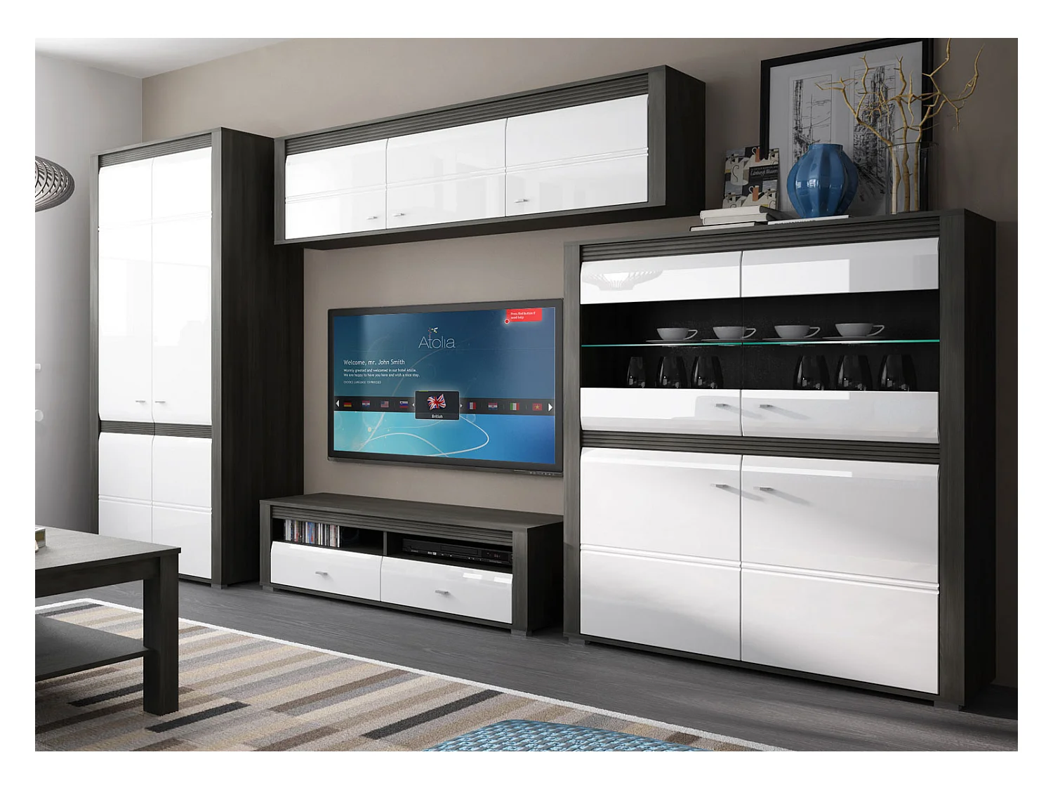 WOHNZIMMER-SET Sevilla norwegische Schwarzkiefer / weiß Hochglanz 4-teilig