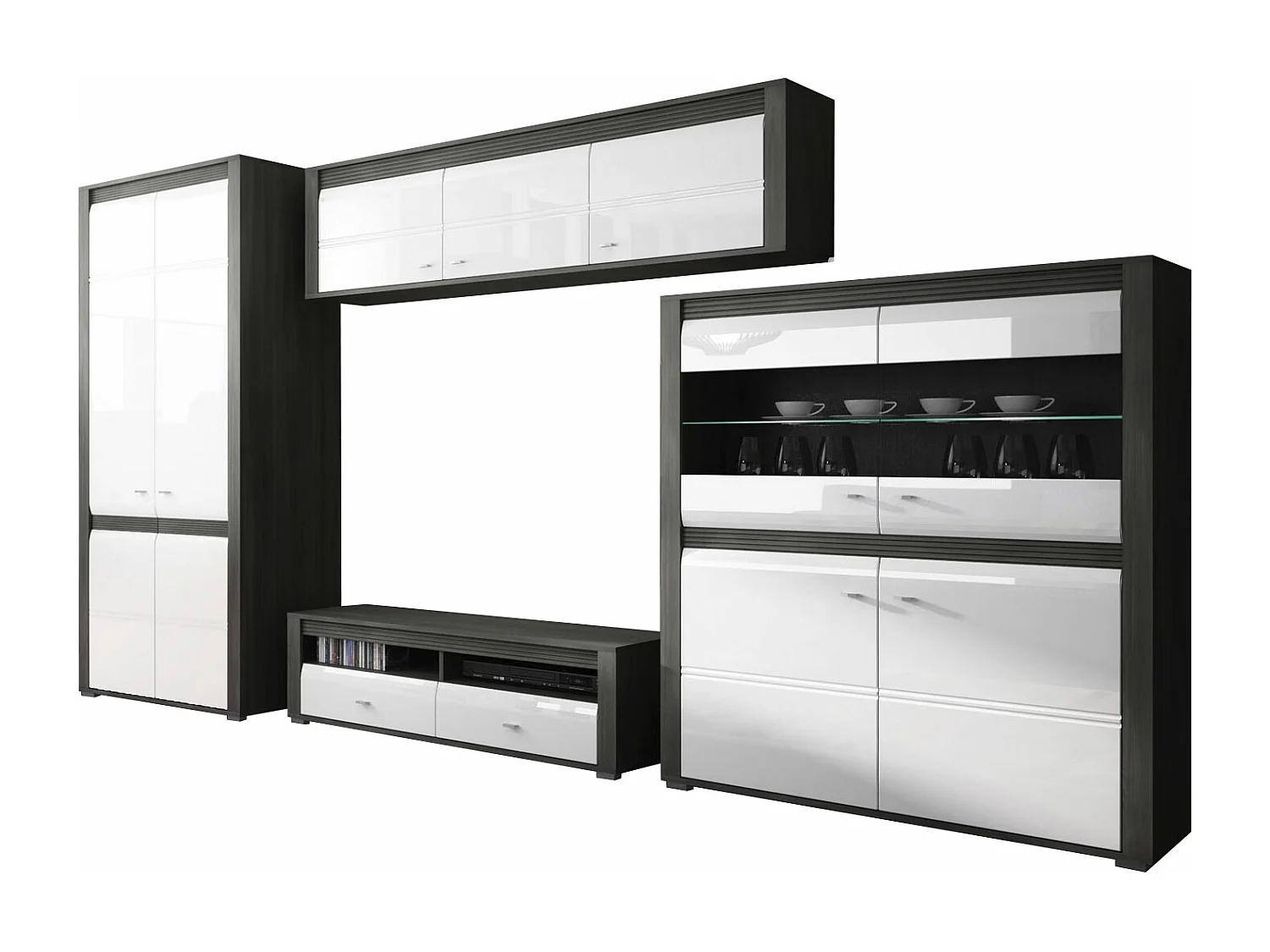WOHNZIMMER-SET Sevilla norwegische Schwarzkiefer / weiß Hochglanz 4-teilig