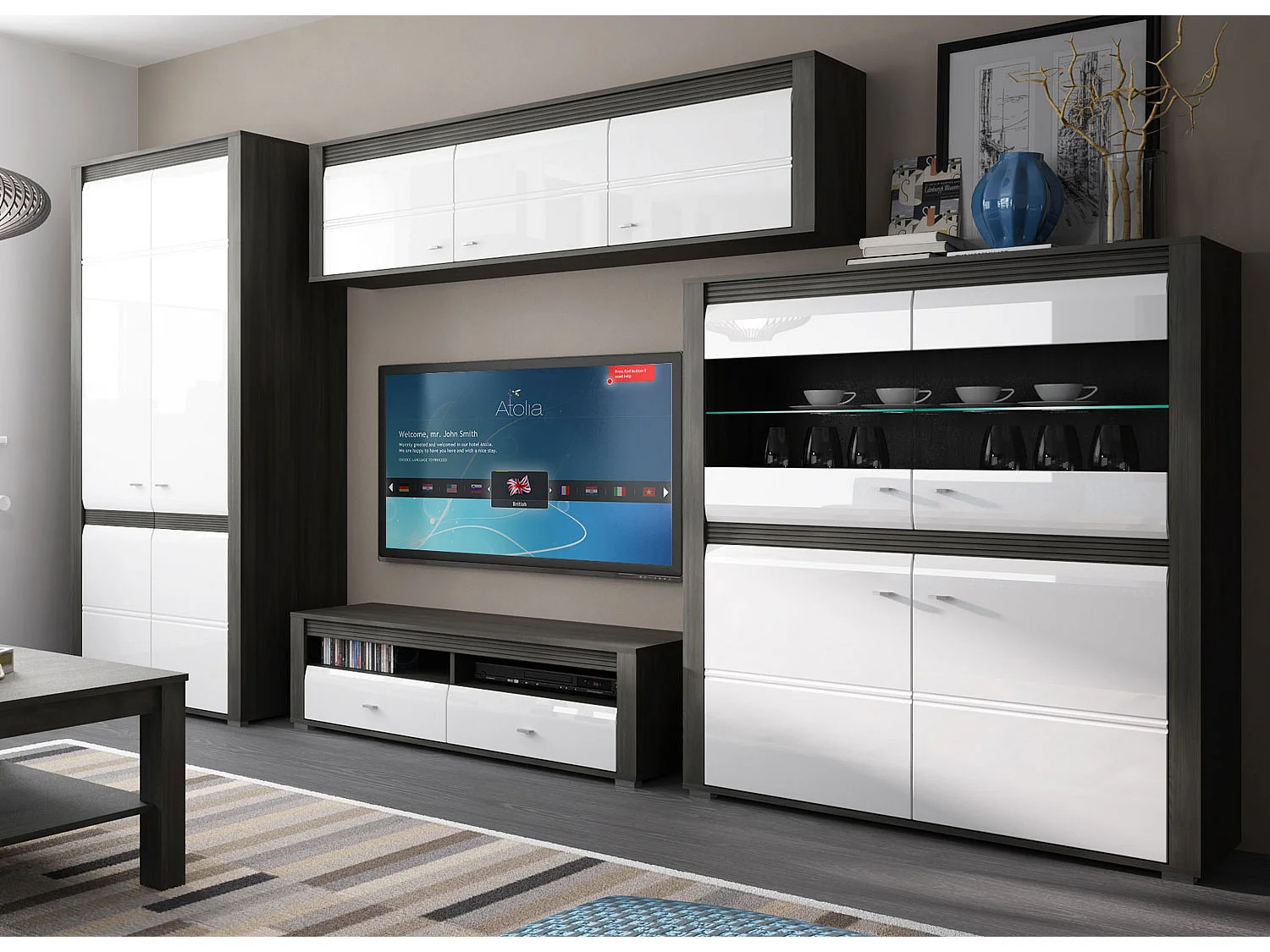 WOHNZIMMER-SET Sevilla norwegische Schwarzkiefer / weiß Hochglanz 4-teilig