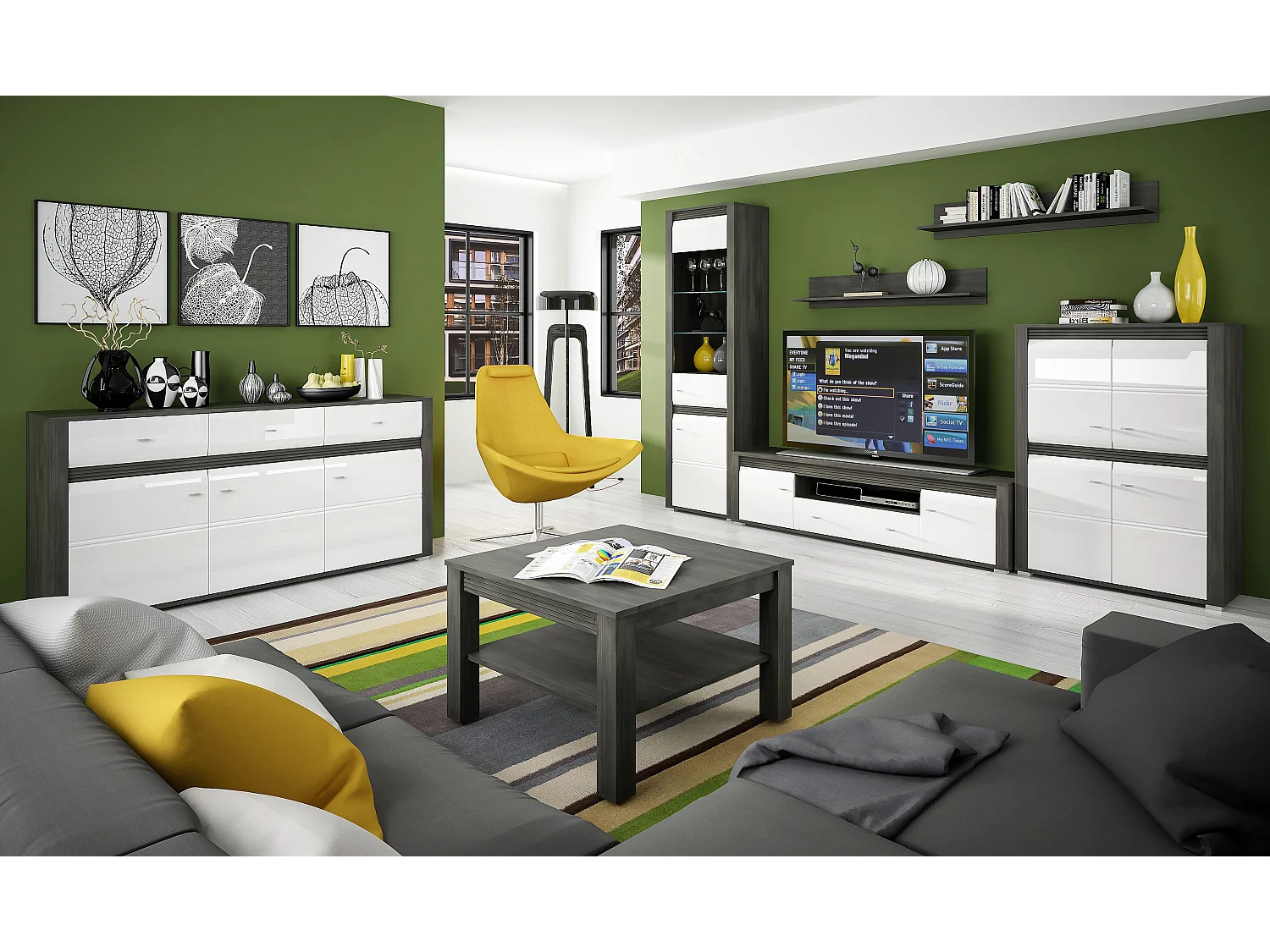 WOHNZIMMER-SET Sevilla norwegische Schwarzkiefer / weiß Hochglanz 4-teilig