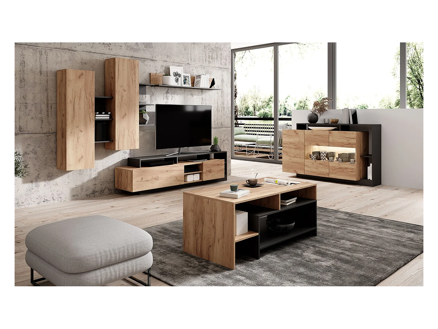 WOHNWAND Alva Craft Gold Oak / anthrazit 4-teilig