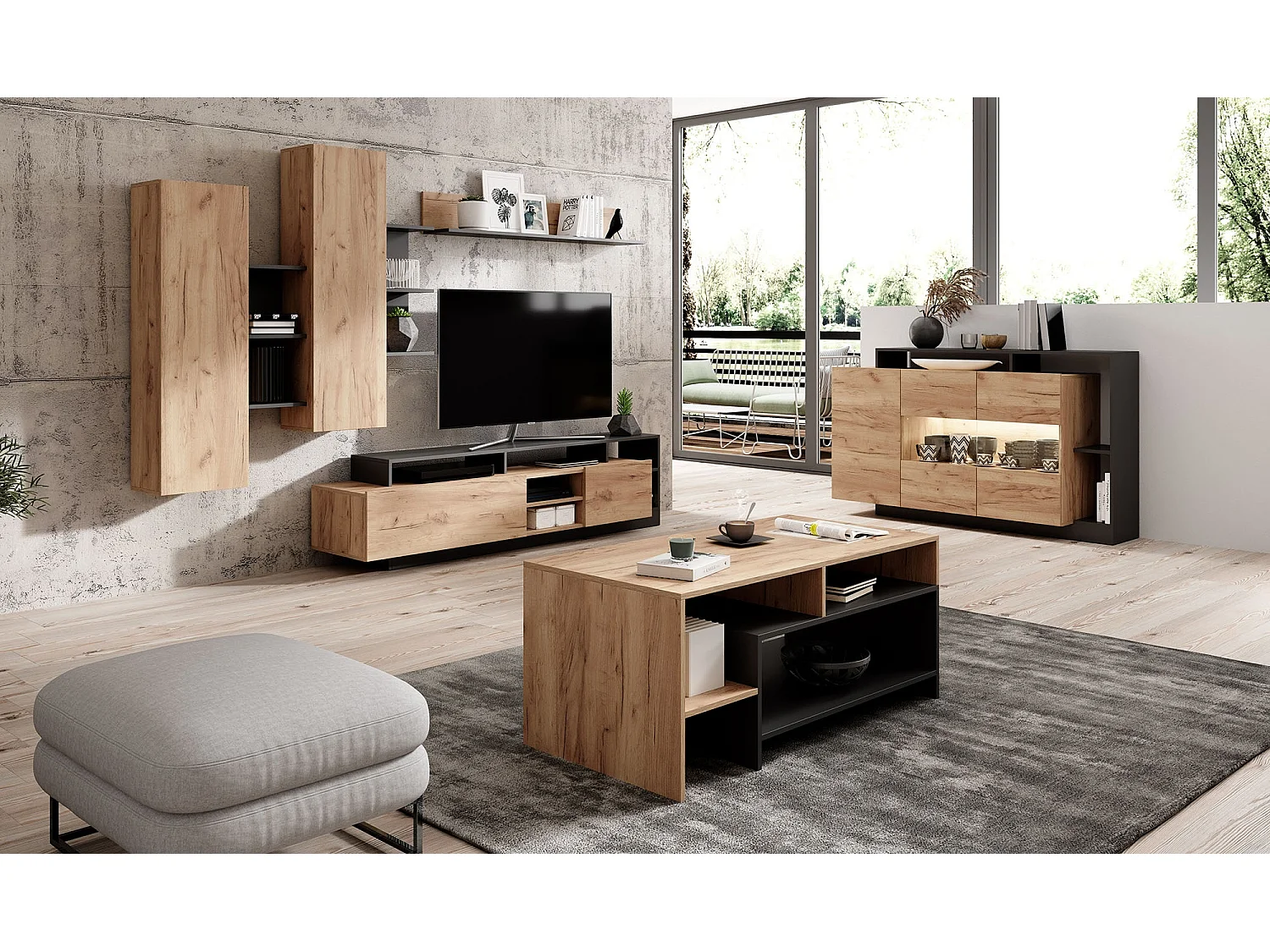 WOHNWAND Alva Craft Gold Oak / anthrazit 4-teilig