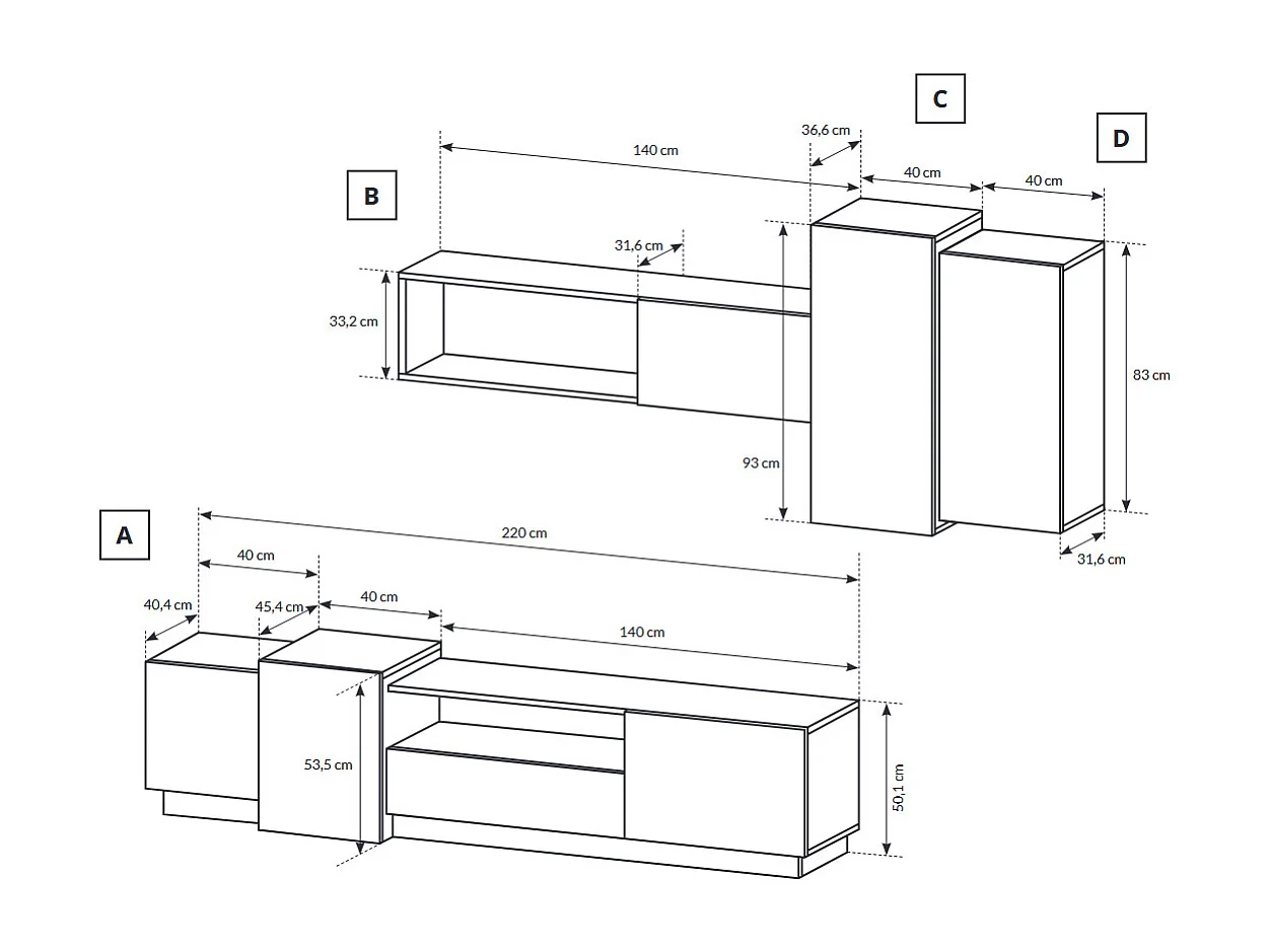 WOHNWAND 3D weiß / Gold Craft Oak 4-teilig
