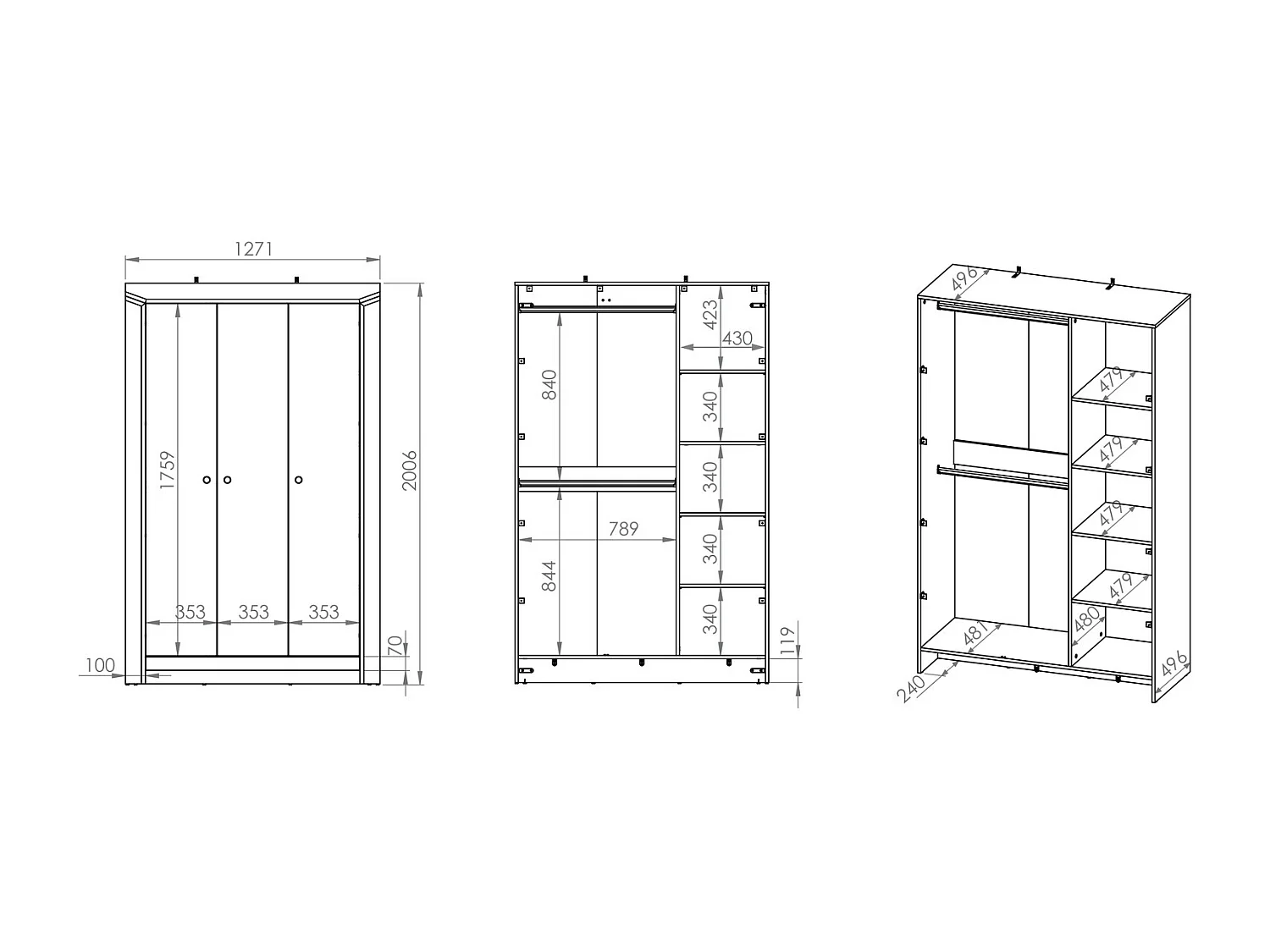 KLEIDERSCHRANK Terni silbergrau 127 / 51,5 / 200,5cm
