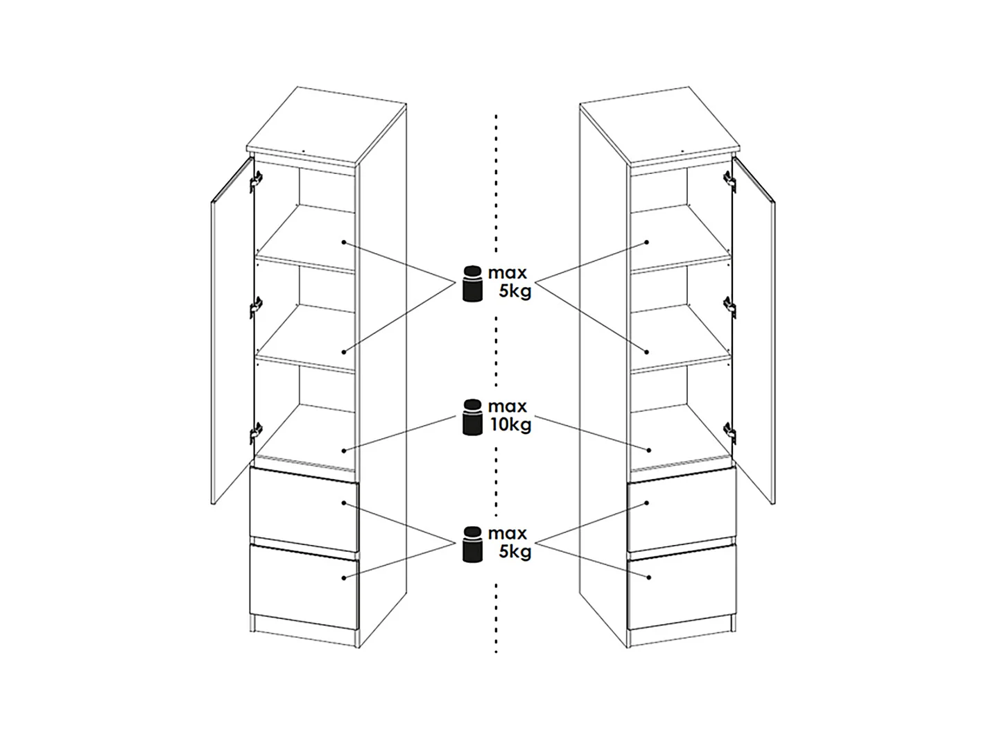 DREHTÜRENSCHRANK Boston weiß/weiß hg 45,6cm / 58,5cm / 249,8cm
