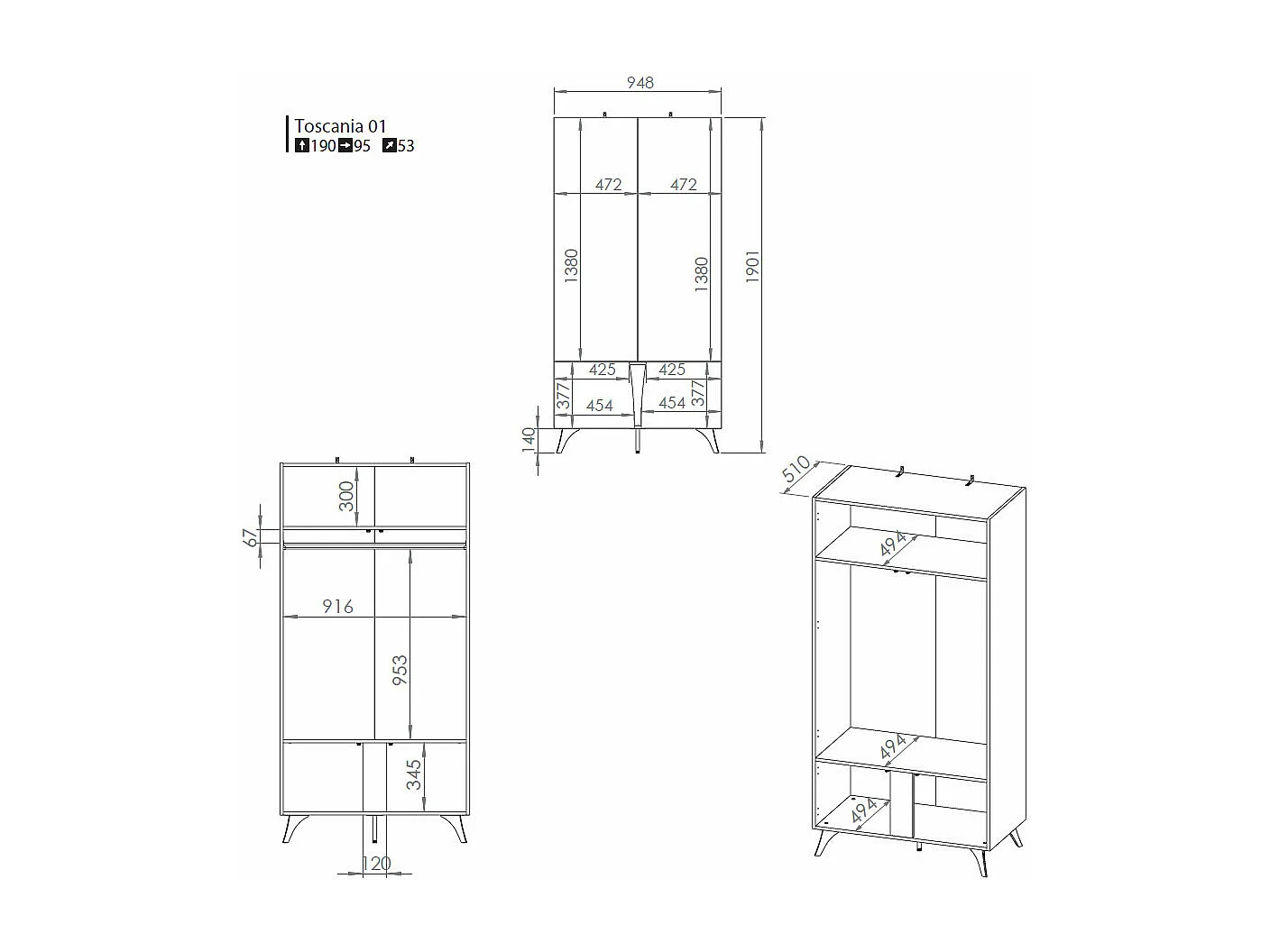 GARDEROBENSCHRANK Toscania Eiche / Schwarz 95 / 53 / 190cm