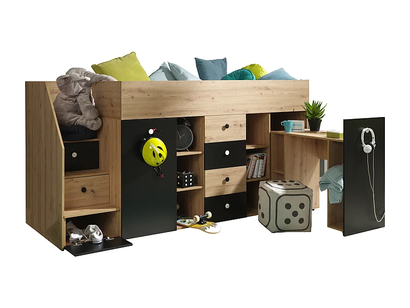 HOCHBETT Smart Artisan Eiche / schwarz 93 / 248 / 123cm Treppe links