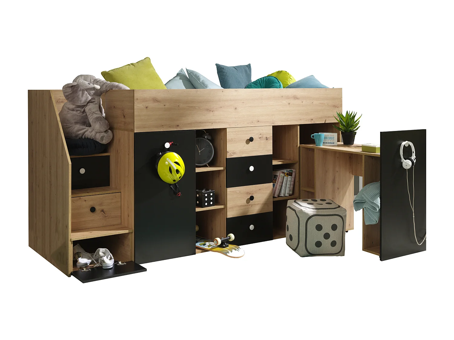 HOCHBETT Smart Artisan Eiche / schwarz 93 / 248 / 123cm Treppe links