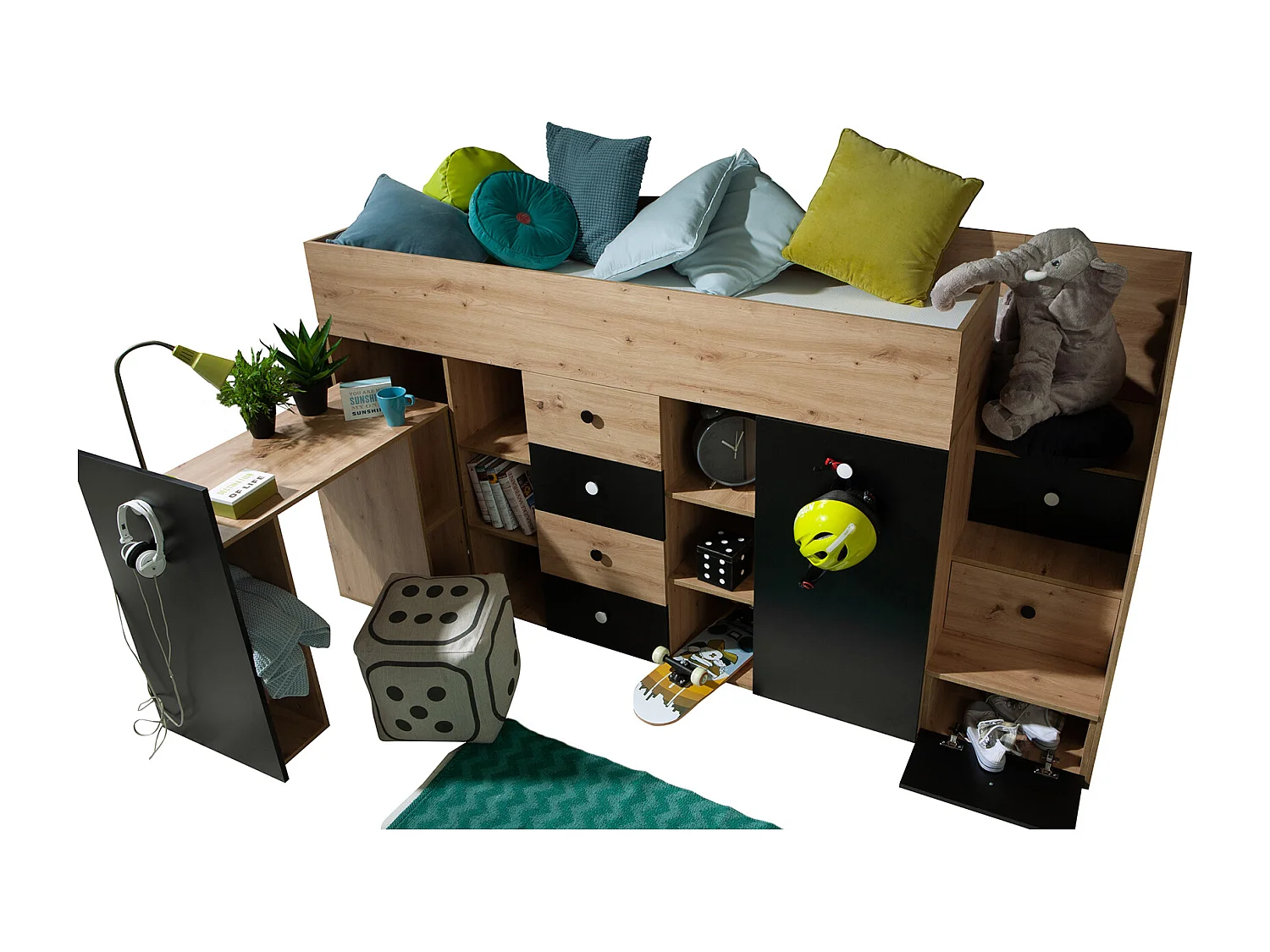 HOCHBETT Smart Artisan Eiche / schwarz 93 / 248 / 123cm Treppe links