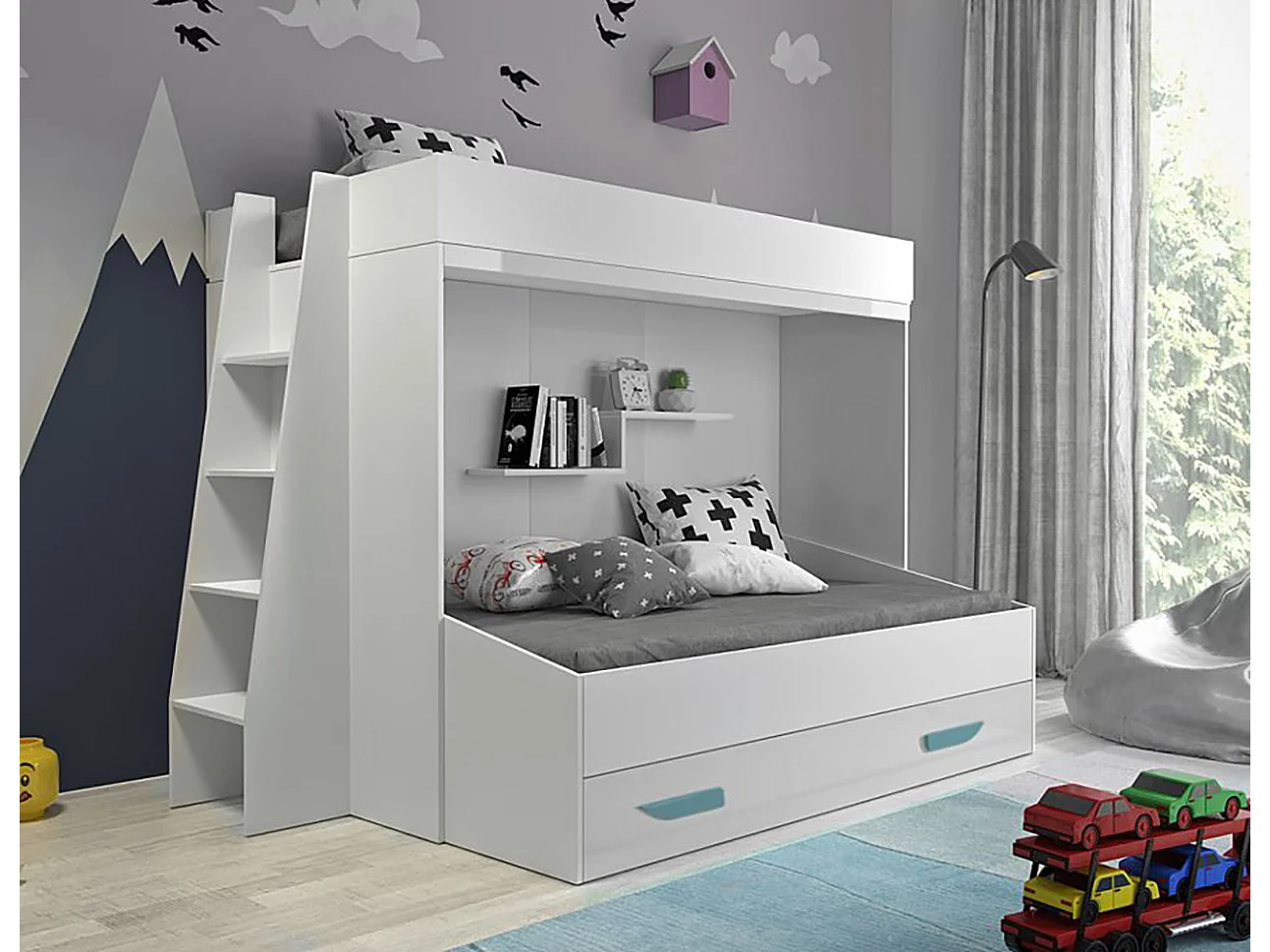 HOCHBETT Party weiß / weiß Hochglanz - Griffe türkis 230 / 135 / 165cm