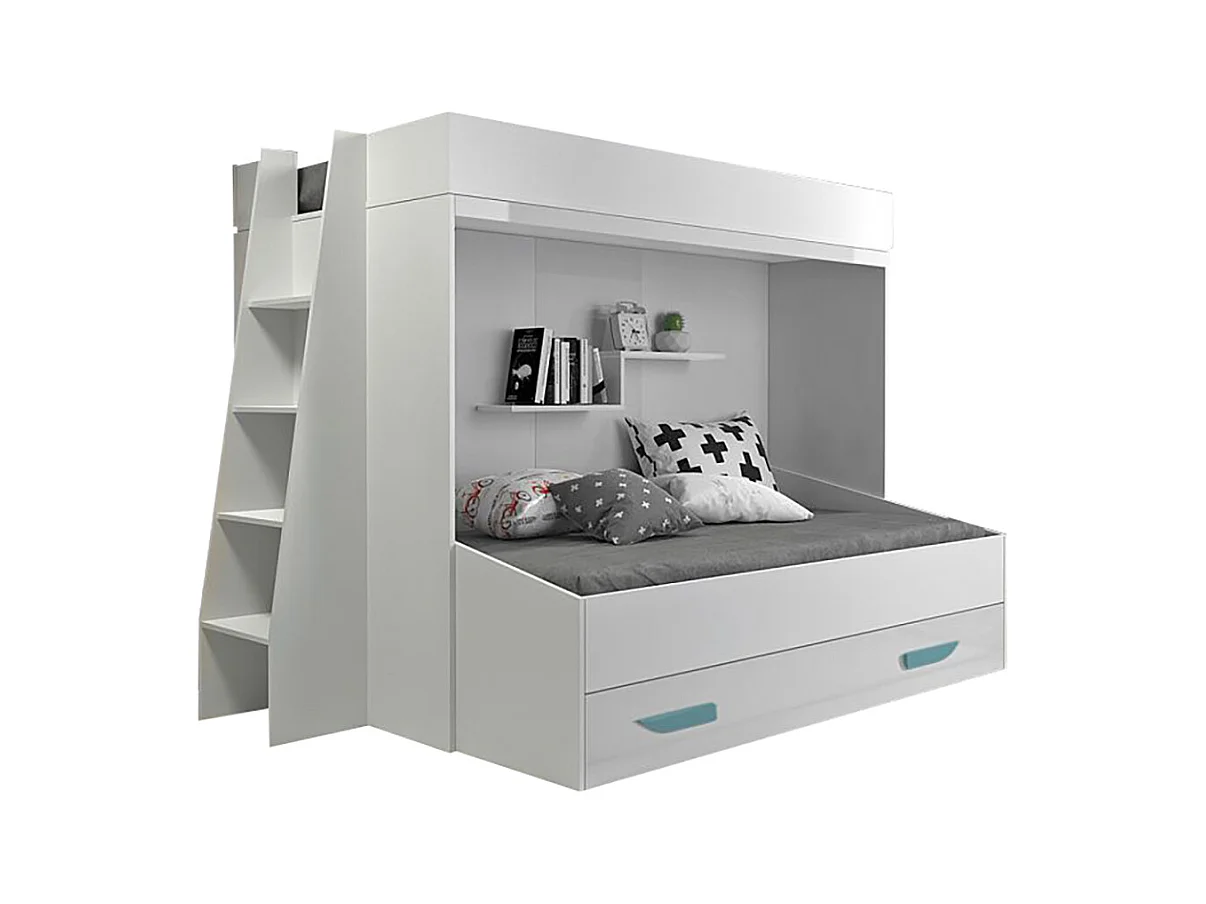 HOCHBETT Party weiß / weiß Hochglanz - Griffe türkis 230 / 135 / 165cm
