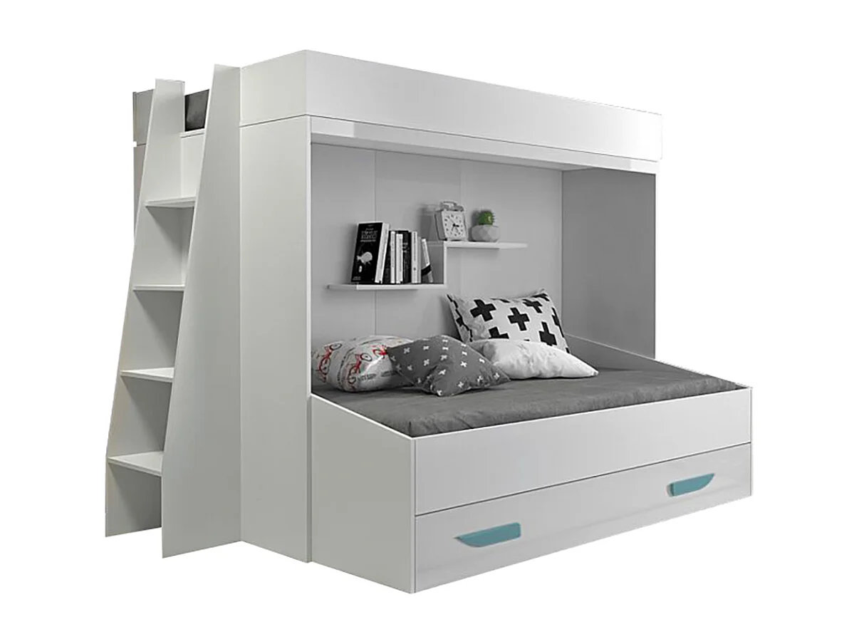 HOCHBETT Party weiß / weiß Hochglanz - Griffe türkis 230 / 135 / 165cm