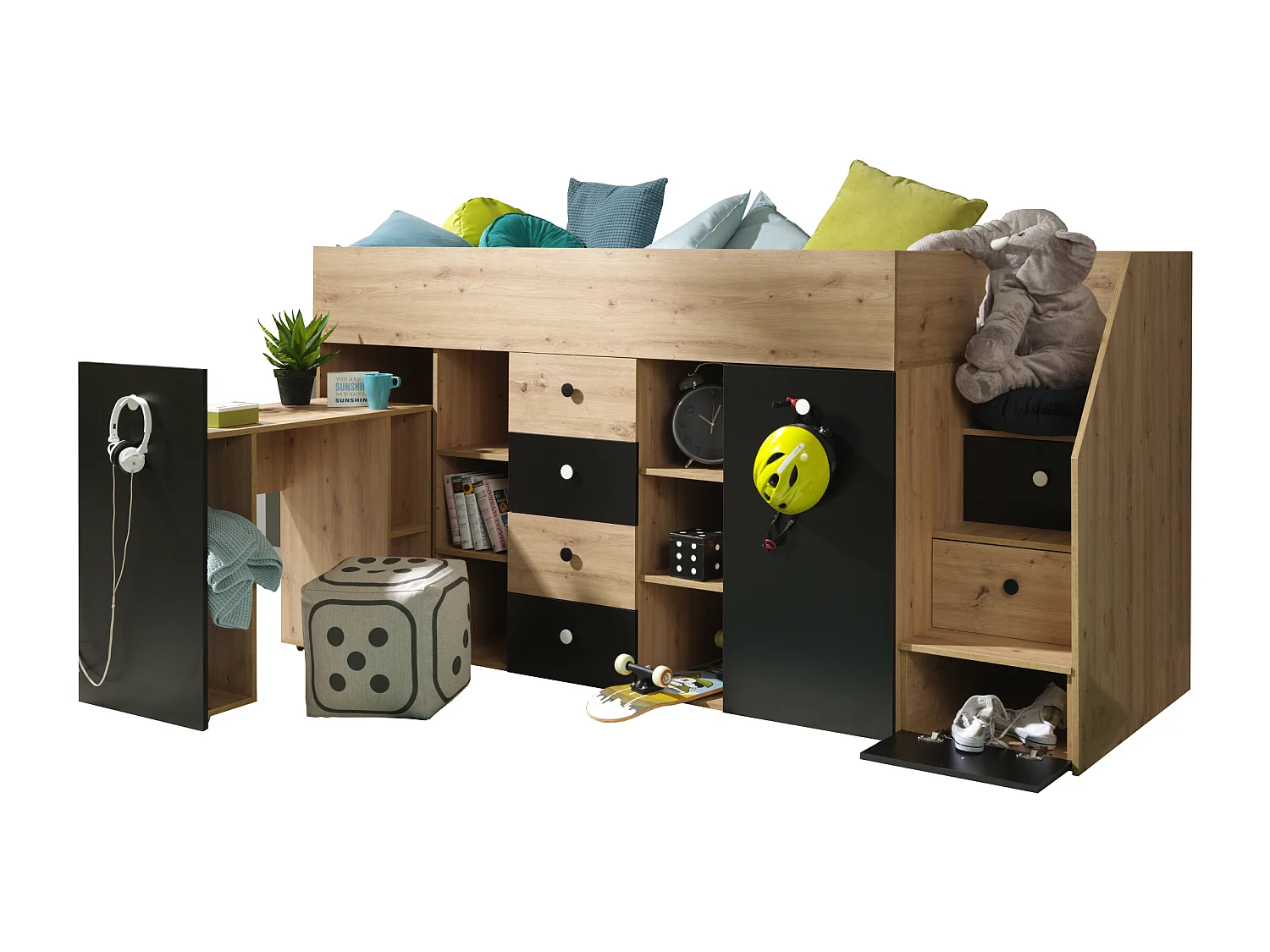 HOCHBETT Smart Artisan Eiche / schwarz 93 / 248 / 123cm Treppe rechts