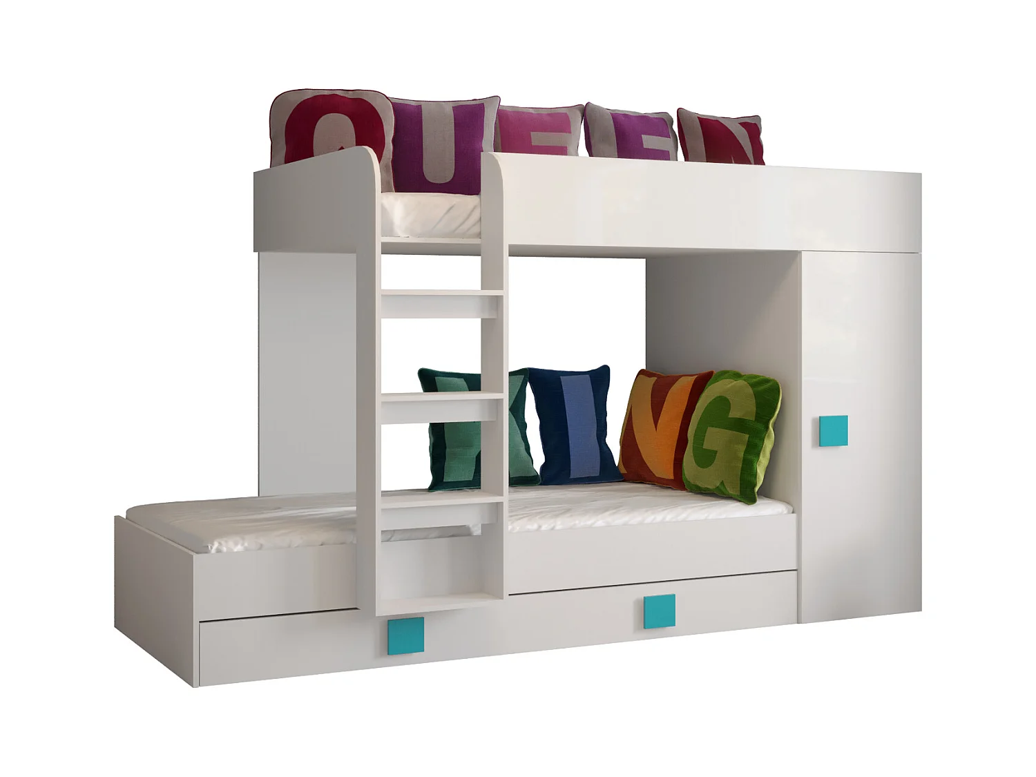 HOCHBETT Toledo weiß / weiß Hochglanz - Griffe türkis 94 / 254 / 165cm
