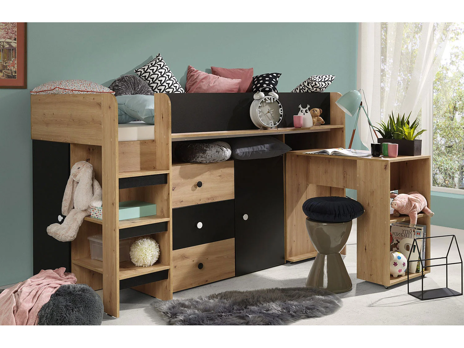 HOCHBETT Smart Artisan Eiche / schwarz 106 / 203 / 125cm Leiter links