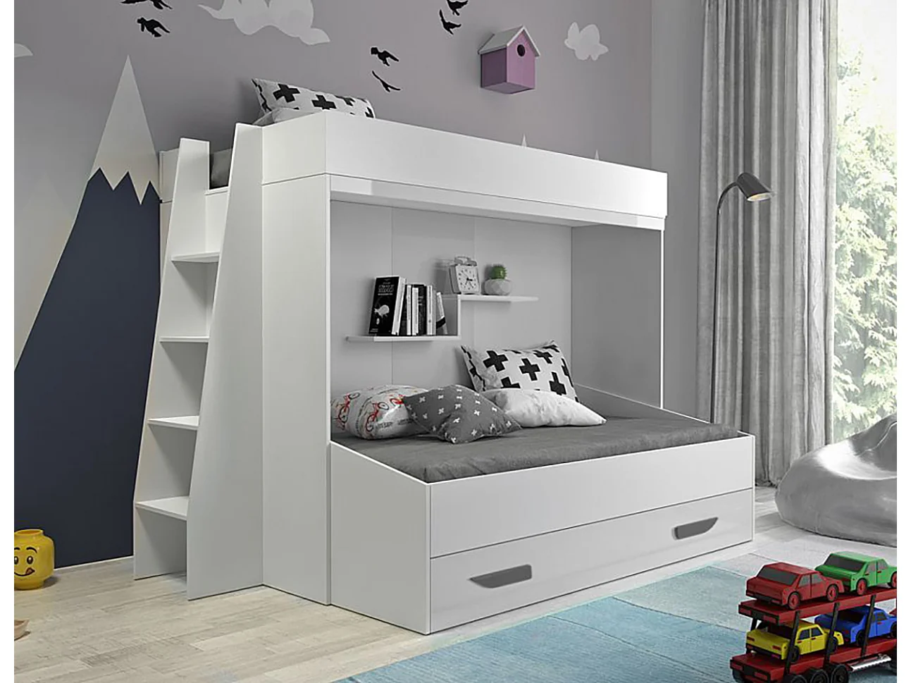 HOCHBETT Party weiß / weiß Hochglanz - Griffe grau 247 / 135 / 165cm