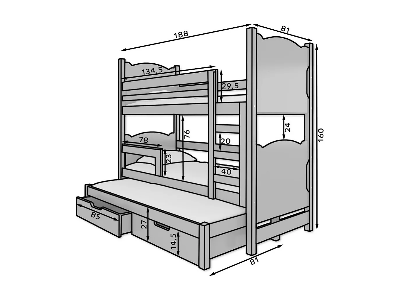 HOCHBETT Leticia Kiefer weiß / grau 81 / 188 / 160cm