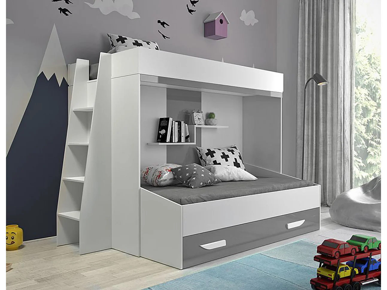 HOCHBETT Party weiß / grau Hochglanz - Griffe weiß / grau 230 / 135 / 165cm