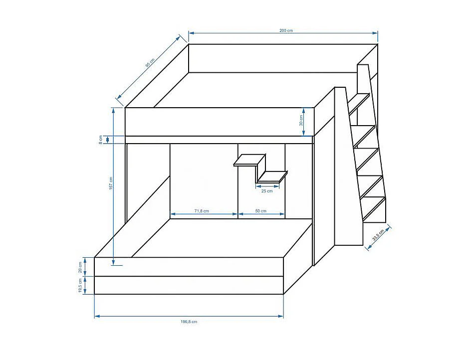 HOCHBETT Party weiß / türkis Hochglanz - Griffe weiß / türkis 230 / 135 / 165cm