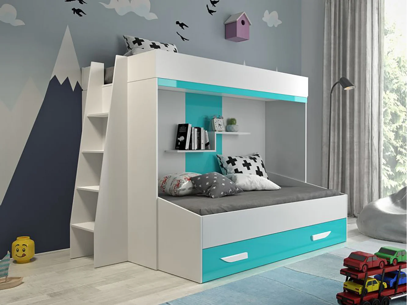 HOCHBETT Party weiß / türkis Hochglanz - Griffe weiß / türkis 230 / 135 / 165cm