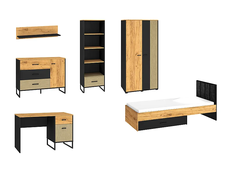 JUGENZIMMER-SET Colt schwarz / Craft Gold Eiche / Premium Steel 6-teilig