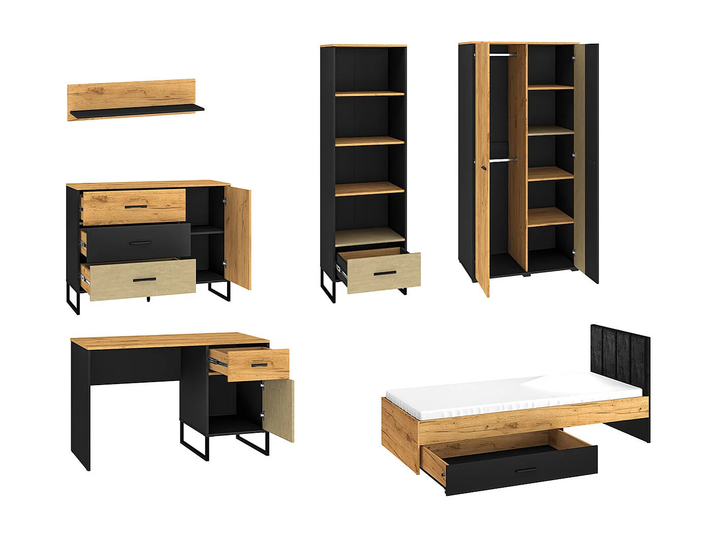 JUGENZIMMER-SET Colt schwarz / Craft Gold Eiche / Premium Steel 6-teilig