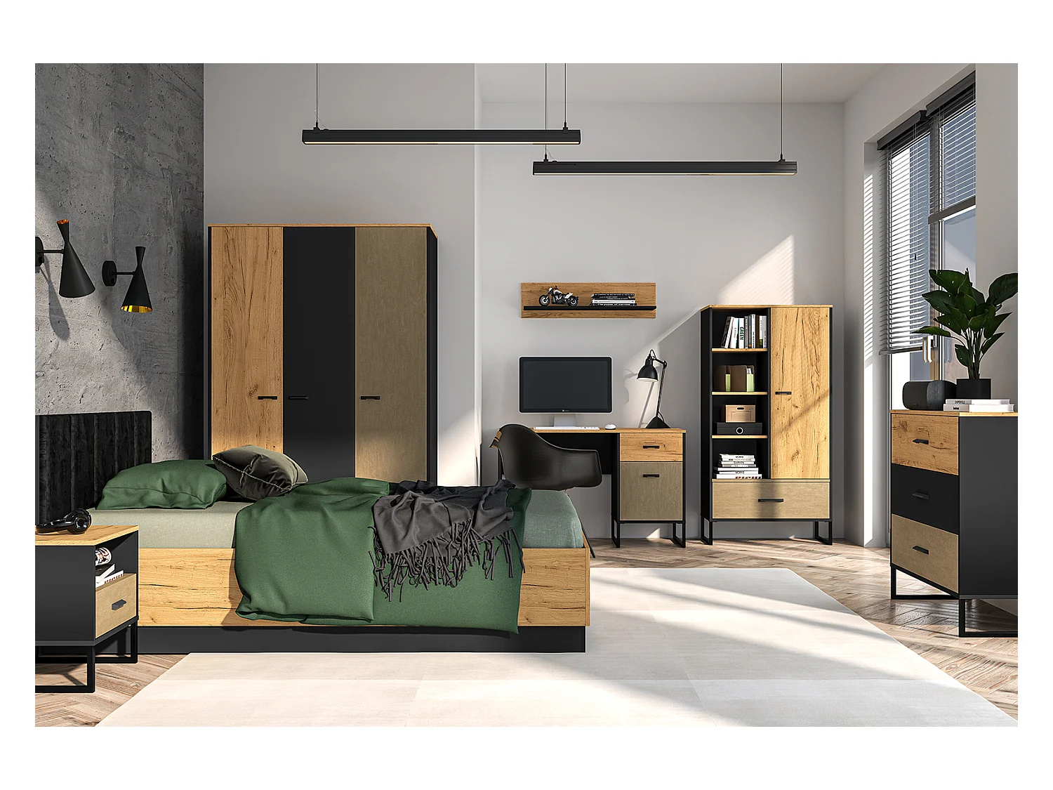 JUGENDZIMMER-SET Colt schwarz / Craft Gold Eiche / Premium Steel 3-teilig