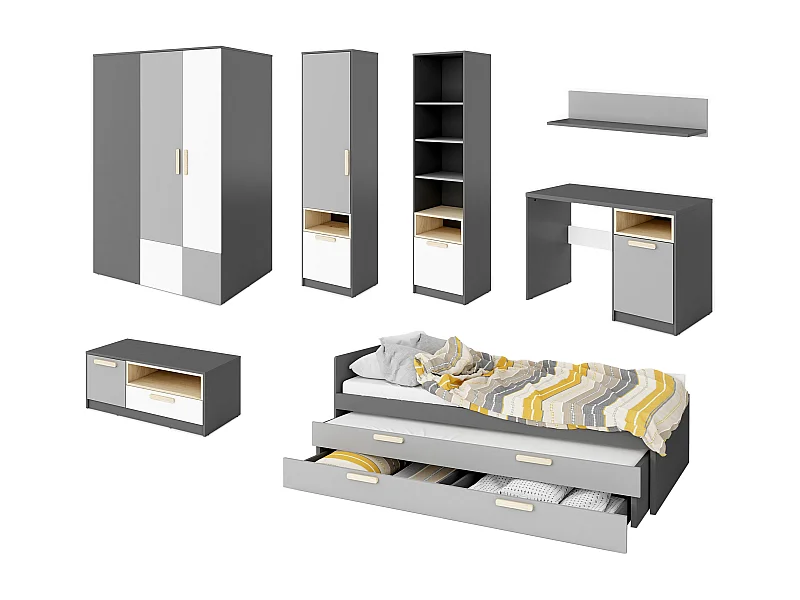 JUGENDZIMMER-SET Pok graphit / grau / weiß / Buche Ibsen 7-teilig
