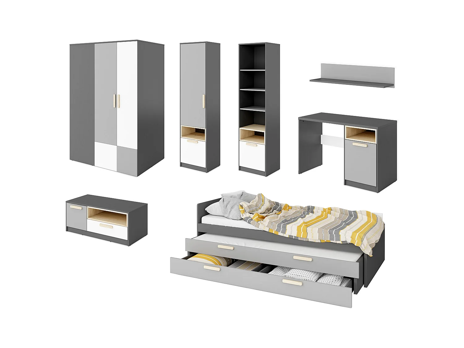 JUGENDZIMMER-SET Pok graphit / grau / weiß / Buche Ibsen 7-teilig