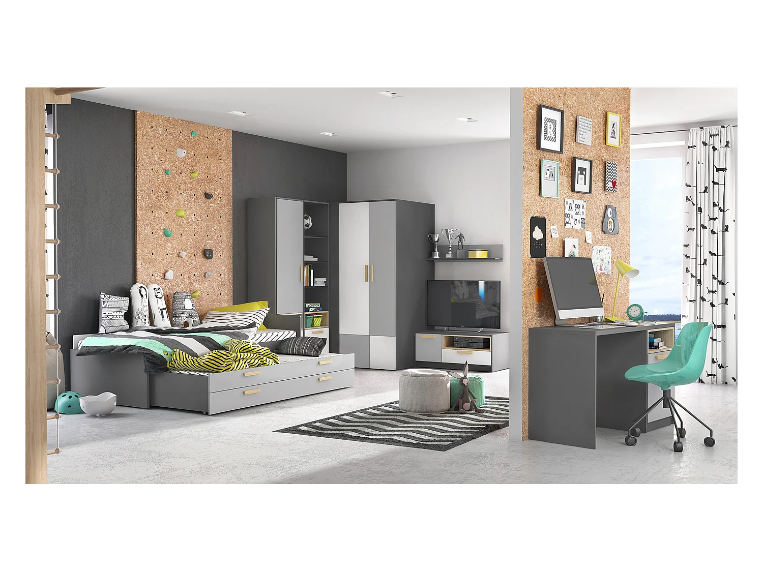 JUGENDZIMMER-SET Pok graphit / grau / weiß / Buche Ibsen 7-teilig