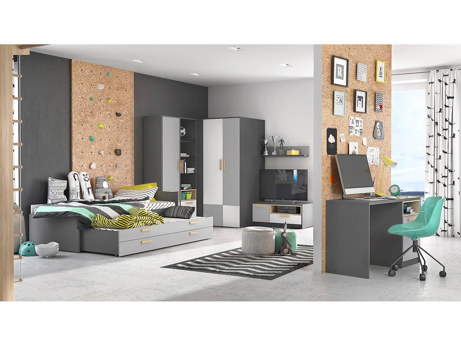 JUGENDZIMMER-SET Pok graphit / grau / weiß / Buche Ibsen 7-teilig