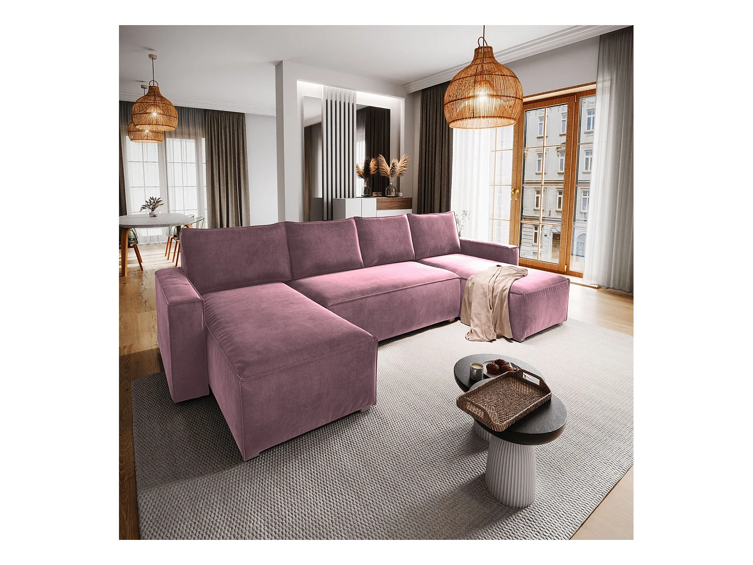 Canapé d'angle DENI Parme en velours avec fonction de couchage