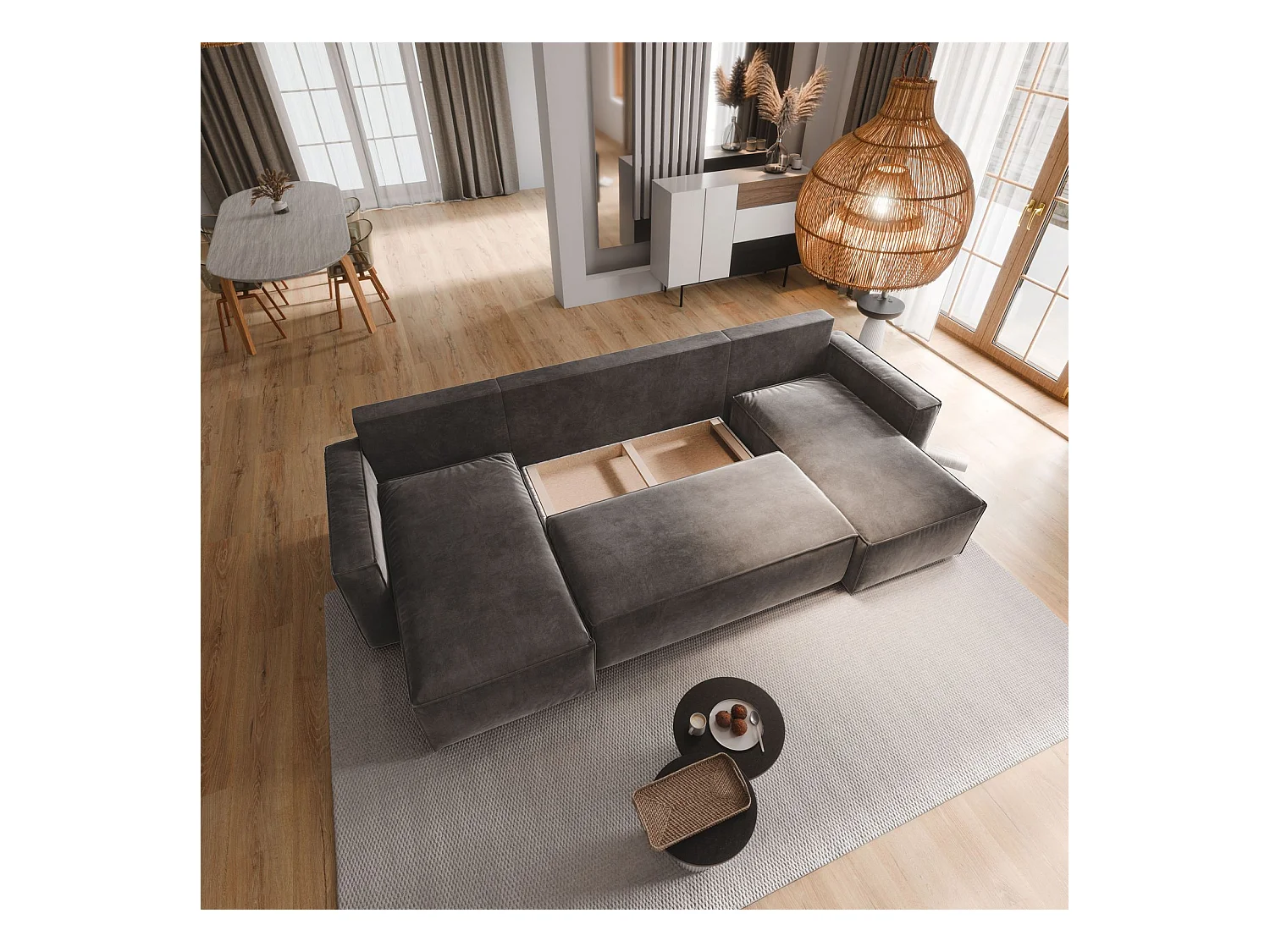 Canapé d'angle DENI Parme en velours avec fonction de couchage