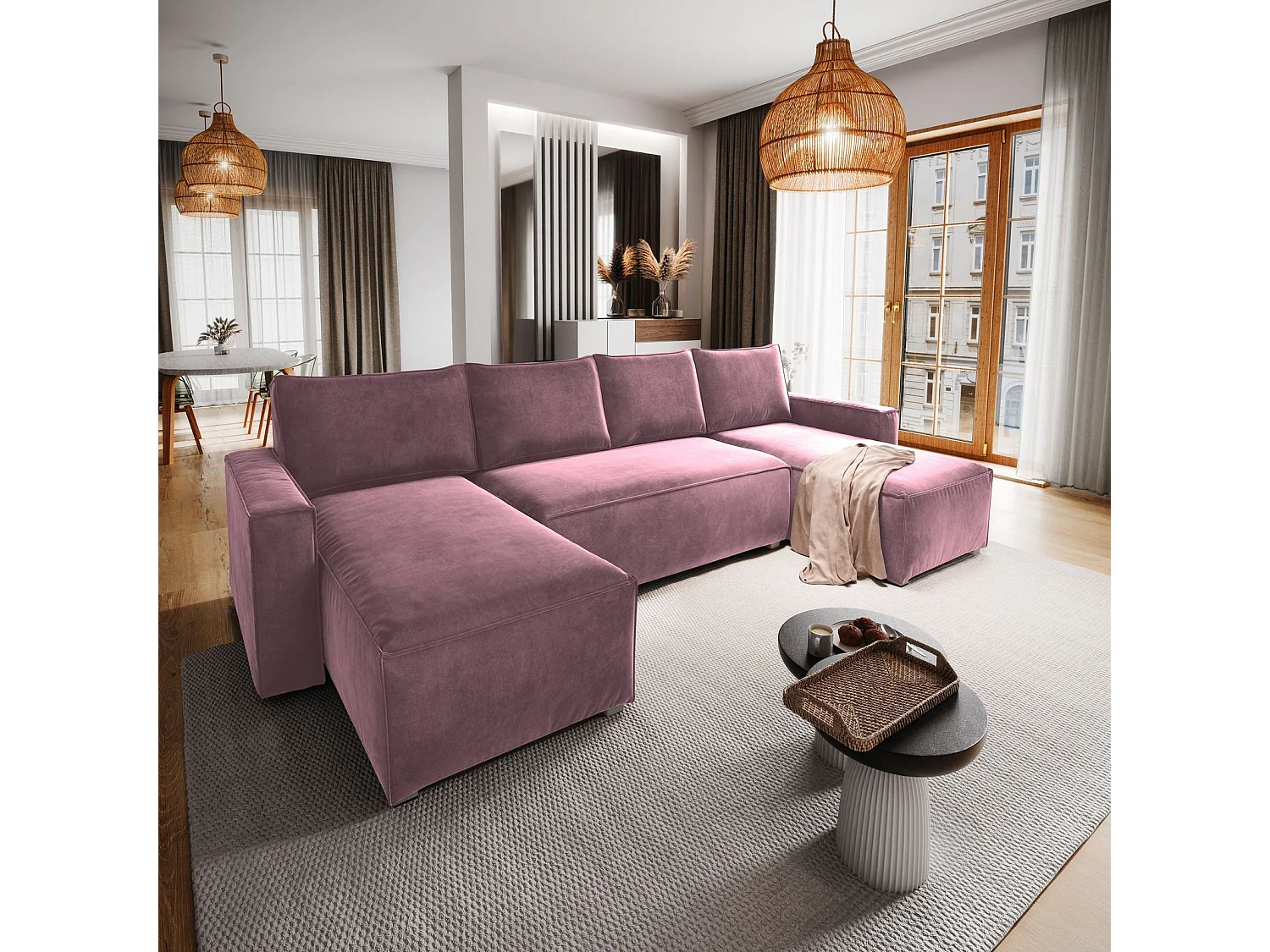 Canapé d'angle DENI Parme en velours avec fonction de couchage