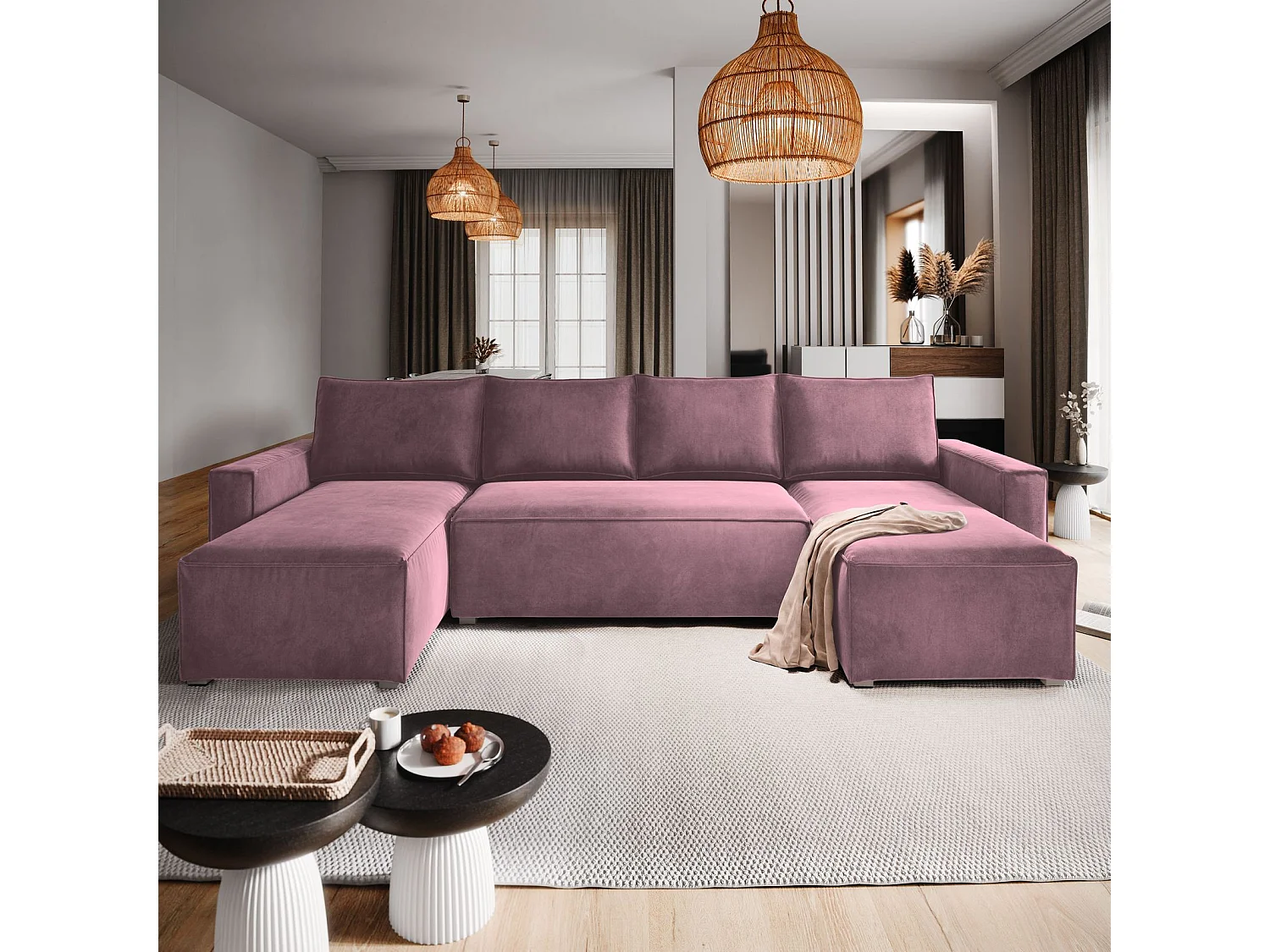 Canapé d'angle DENI Parme en velours avec fonction de couchage