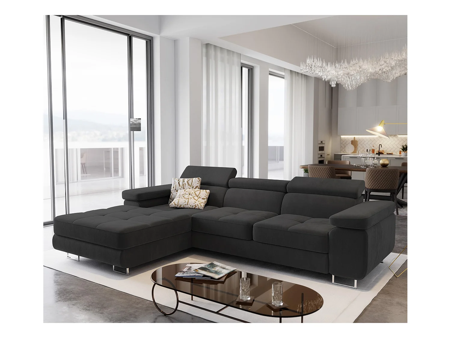 Canapé d'angle ELMA Noir en velours avec fonction de couchage