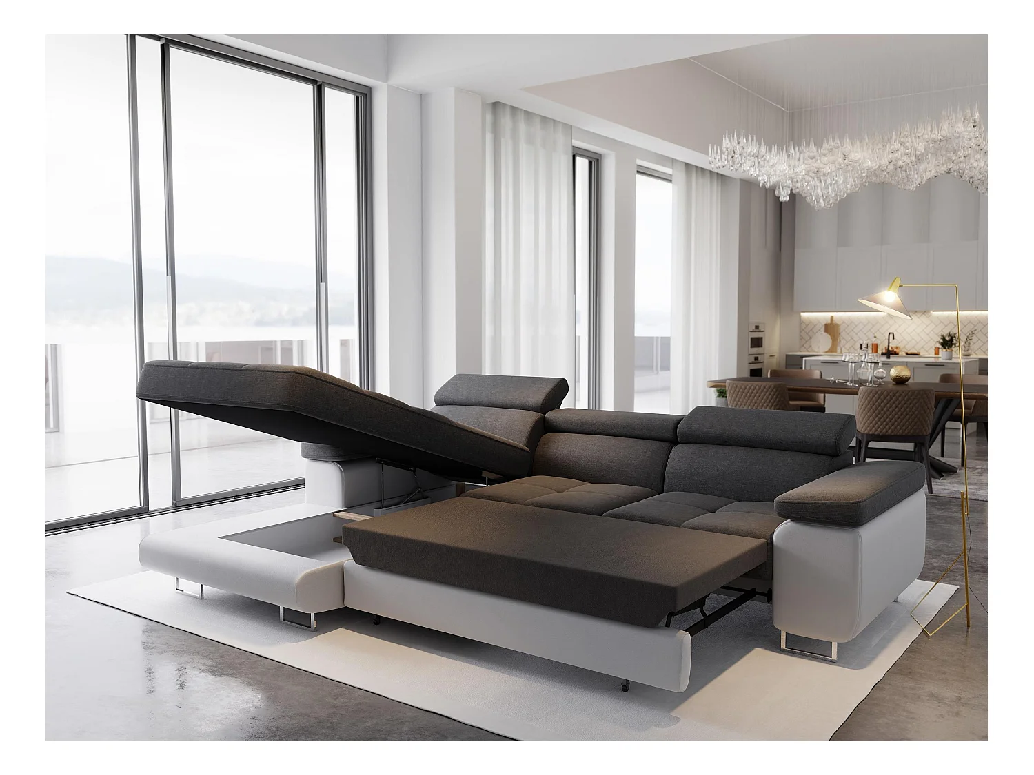 Canapé d'angle ELMA Noir en velours avec fonction de couchage