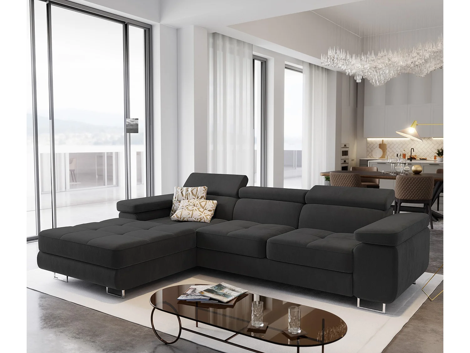 Canapé d'angle ELMA Noir en velours avec fonction de couchage