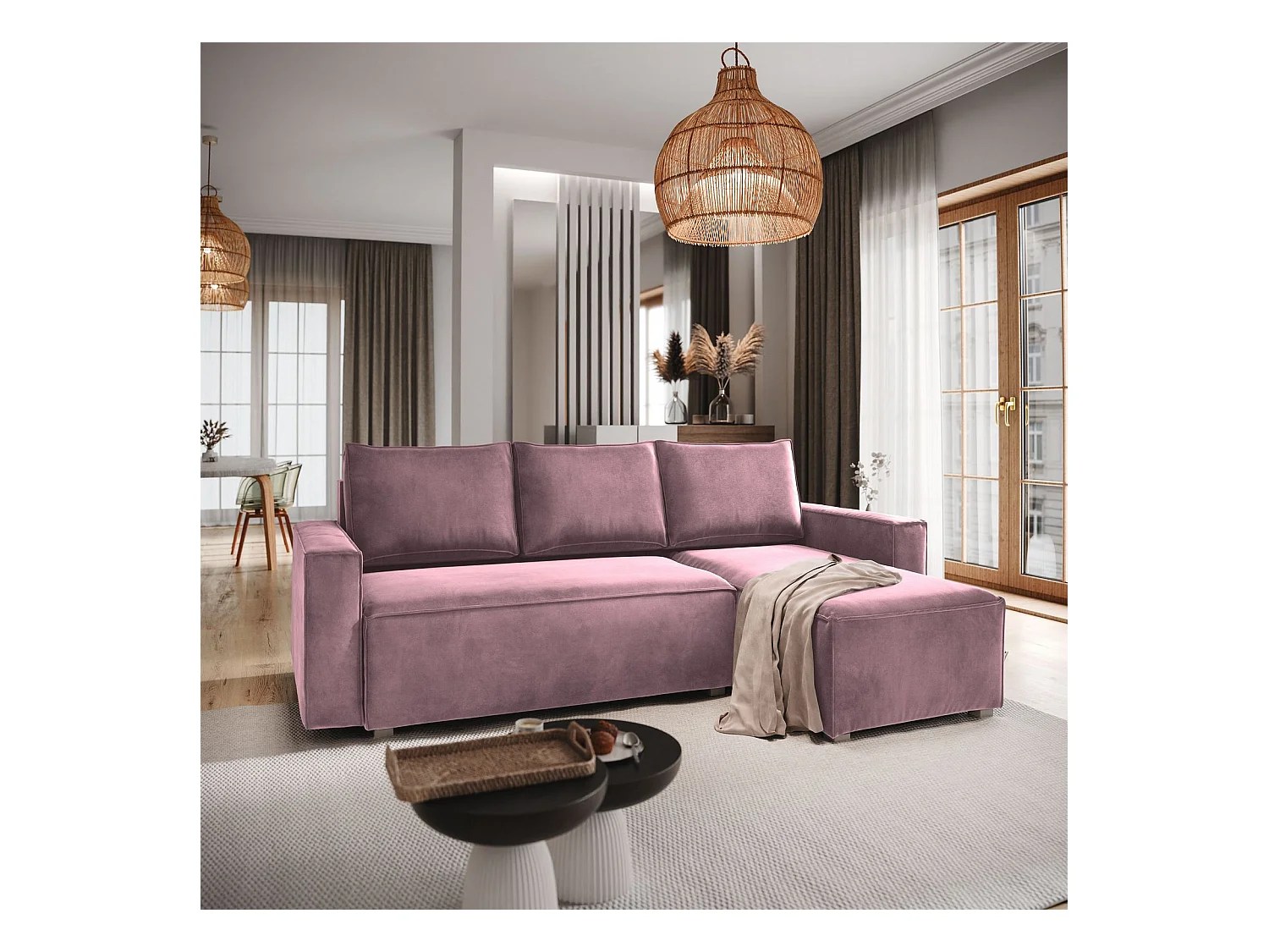 Canapé d'angle SILES Parme en velours avec fonction de couchage