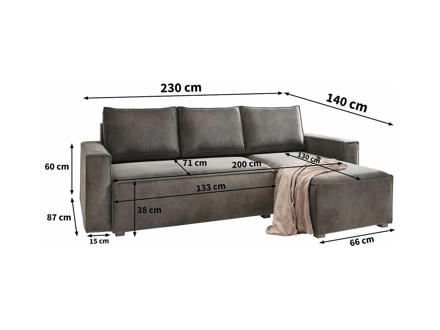 Canapé d'angle SILES Parme en velours avec fonction de couchage