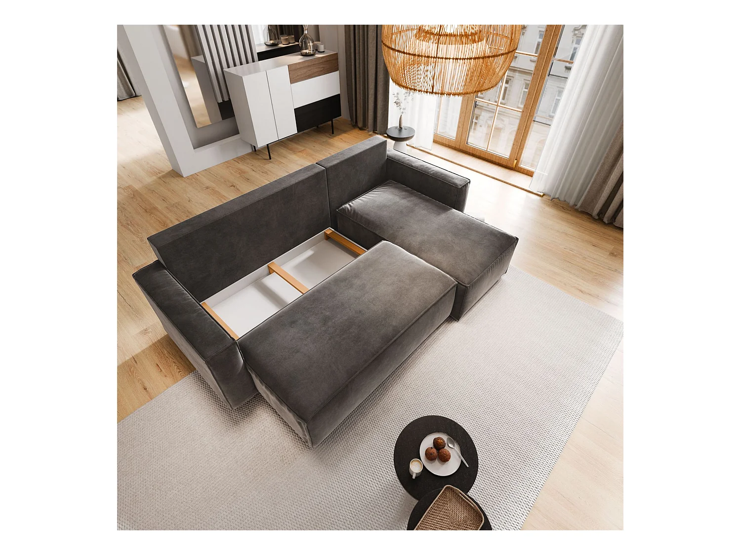 Canapé d'angle SILES Parme en velours avec fonction de couchage