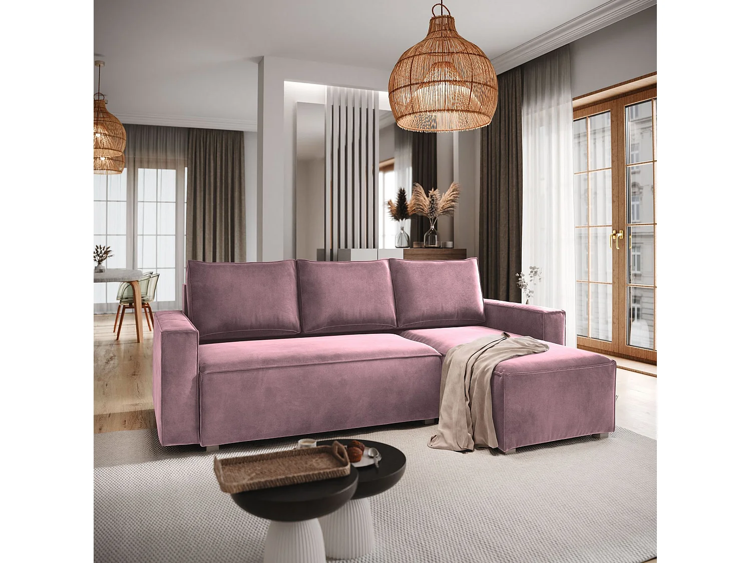 Canapé d'angle SILES Parme en velours avec fonction de couchage