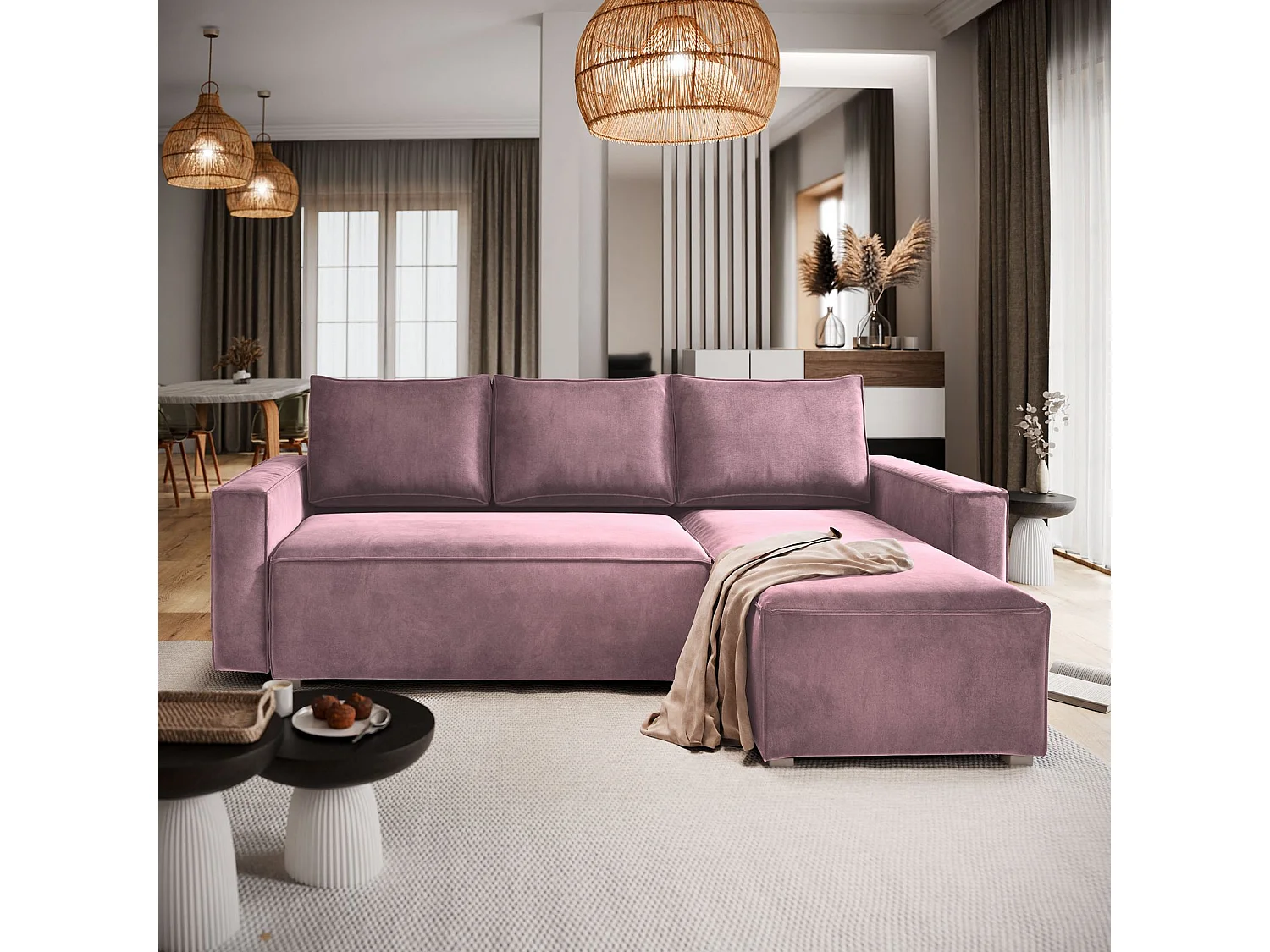 Canapé d'angle SILES Parme en velours avec fonction de couchage