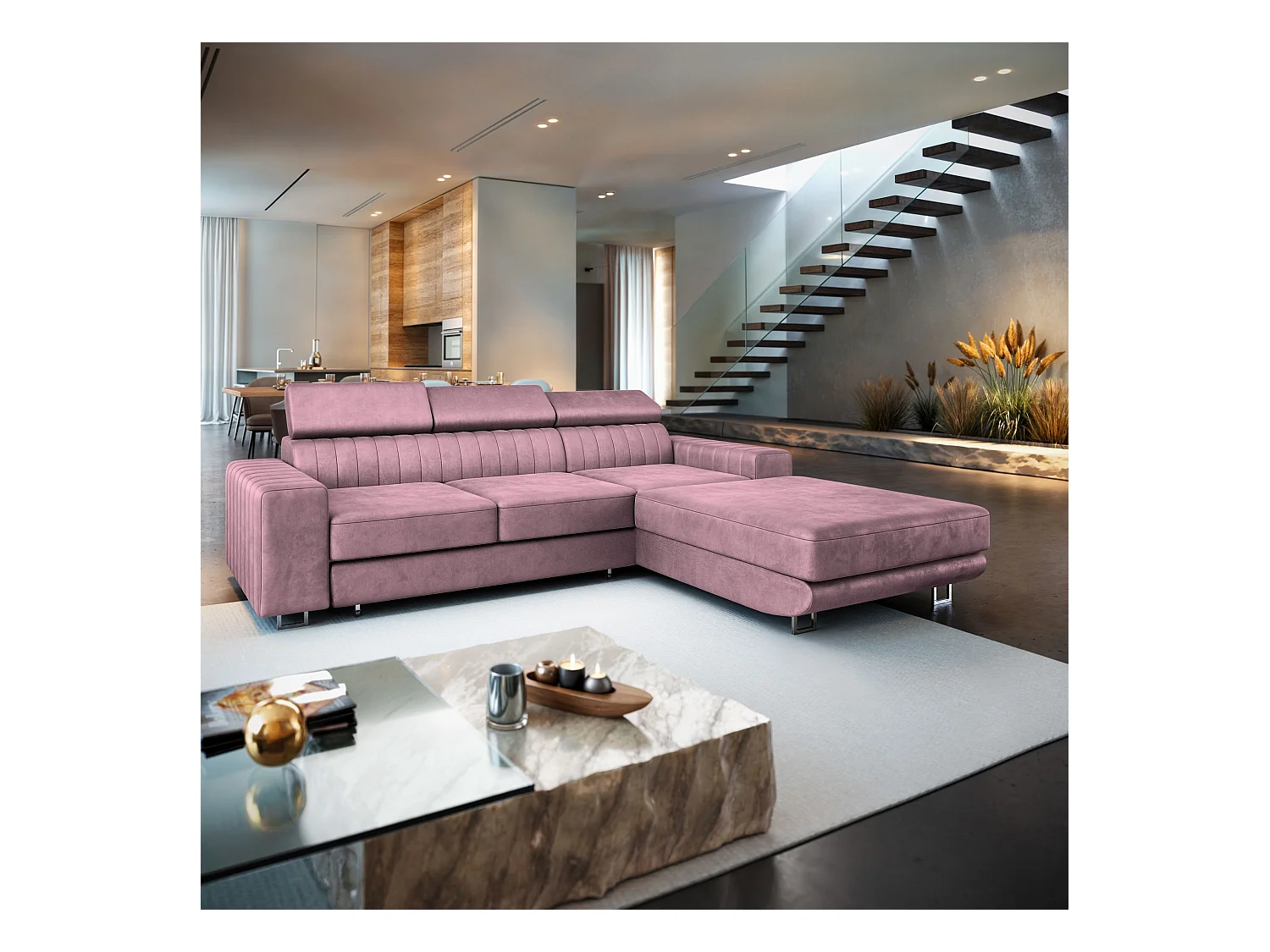 Canapé d'angle NOTO Parme en velours avec fonction de couchage