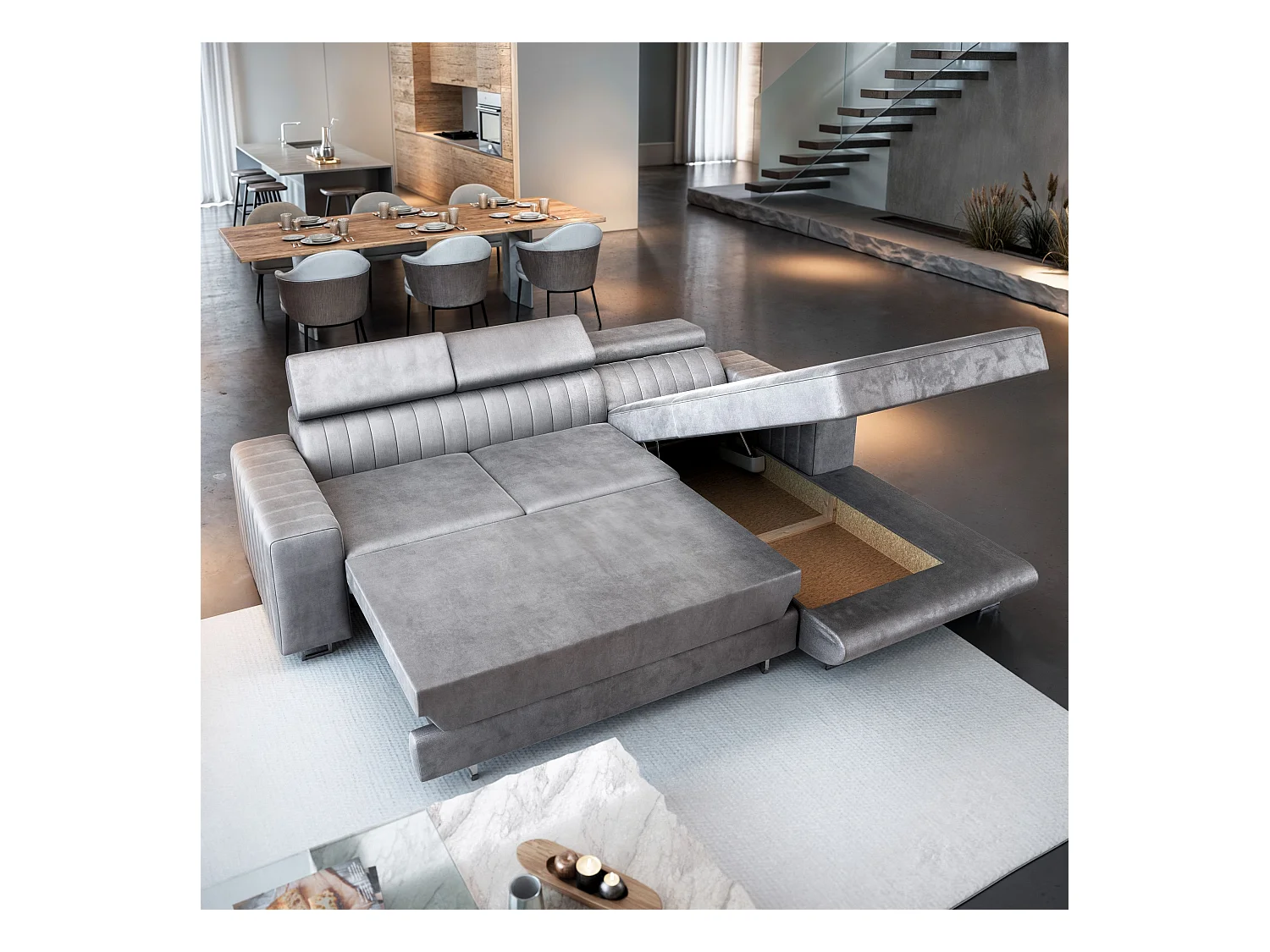 Canapé d'angle NOTO Parme en velours avec fonction de couchage