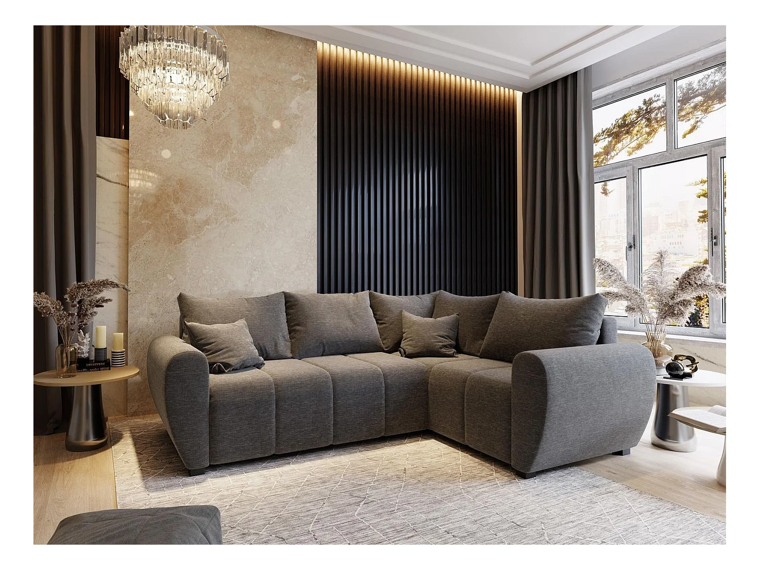 Canapé d'angle MADISON Gris clair en tissu texturé avec fonction de couchage