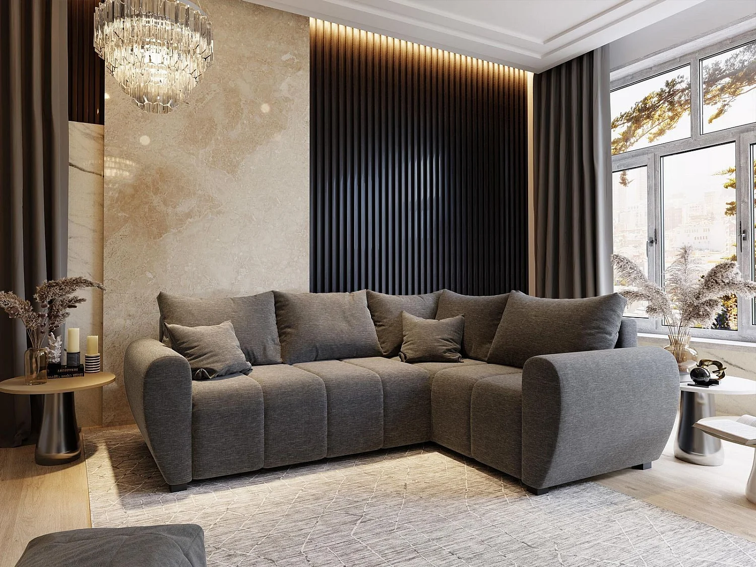 Hoekbank MADISON van fluweel met slaapfunctie Hellgrau