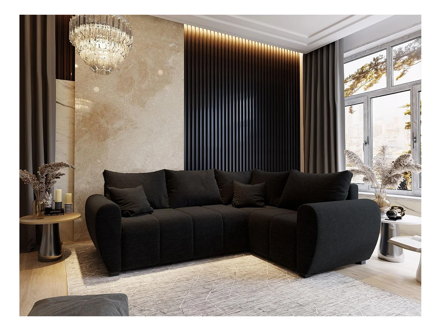 Canapé d'angle MADISON Noir en tissu texturé avec fonction de couchage